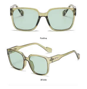 Vista detallada de gafas de sol cuadradas grandes y elegantes con montura verde translúcida.