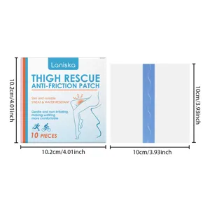 LANISKA anti-friction thigh patch box and patch detail view, showing size dimensions clearly.