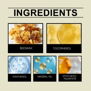 Ingredient details of the anti-chafing thigh patch featuring natural beeswax and oils.