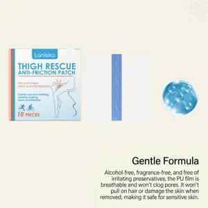 Detail view of the Laniska anti-friction thigh patch box, film strip, and gentle formula.