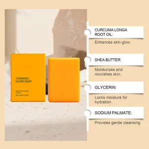 Vue détaillée du savon éclat de curcuma naturel et de la boîte avec points forts des ingrédients.