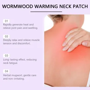 Wormwood neck heating patch detail showing herbal care and soothing warmth for tired neck muscles.
