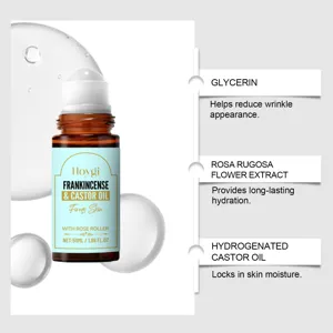 Vue détaillée du roll-on corps huile de ricin et encens Hoygi avec ingrédients hydratants.