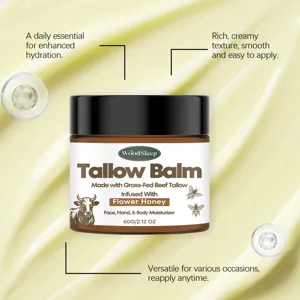 Nahaufnahme des Tallow Balm Glases mit Rindertalg und Blumenhonig Hautpflege Formel Detail.