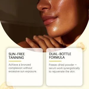 Dettaglio del siero autoabbronzante che mostra pelle abbronzata luminosa e la formula.
