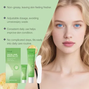 Vue détaillée du kit d'épilation faciale HOYGI avec crème douce et spatule d'application.