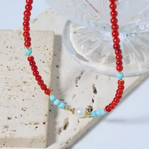 Elegante perla turquesa coral cuentas cadena de clavícula joyas apilables versátiles
