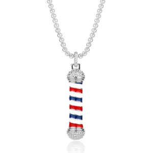 Collana con ciondolo a palo da barbiere argento vista dettaglio, gioiello salone da barbiere