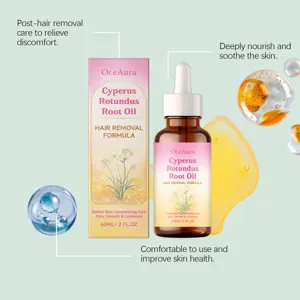 OceAura cyperus rotundus root oil detail, post hair removal soothing and gentle skin care.