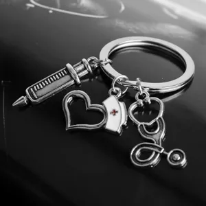 Medical theme keychain with nurse cap syringe stethoscope charms metal keyring gift for doctor