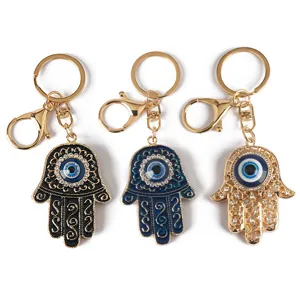 Creative Halloween Hamsa Hand Alloy Keychain Evil Eye Blue Eye Rhinestone Metal Key Chain Pendant Fashion Jewelry Gift
