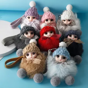 Cute Plush Doll Keychain Fluffy Pom Pom Bag Charm Knit Hat Toy Pendant Women Fashion Accessories Car Key Ring Gift