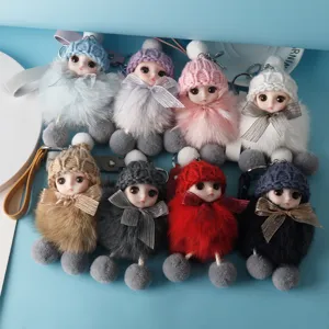 Collection of cute plush doll keychains with knitted hats and colorful fur ornaments