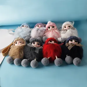 Collection of colorful plush doll keychains with knitted hats and pom-pom bodies for charms