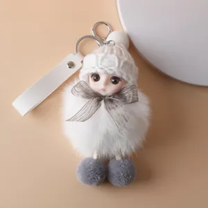 Macro detail of a cute white plush doll keychain featuring a knitted hat and ribbon