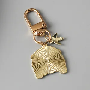 Macro detail of a golden panda keychain back with radiating texture and bamboo charm.