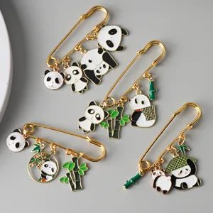 Cute Chinese style panda safety pin brooch charms with bamboo pendants for bags