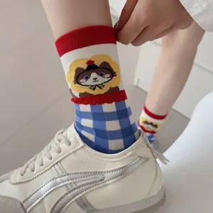 Cute cartoon cat design women socks with retro red and blue plaid pattern for daily wear.