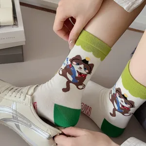 Retro colorful cartoon cat print mid-calf cotton socks for women, fun designer style.