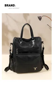 Black PU leather soft backpack detail showing multi-pocket design and metal hardware.