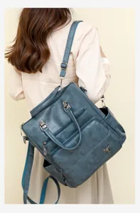Women PU leather convertible backpack casual vintage shoulder bag daily use blue