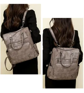 Vintage PU leather women backpack casual large capacity daily travel school bookbag