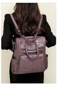 Women soft PU leather backpack vintage casual large capacity multi-pocket school travel bag