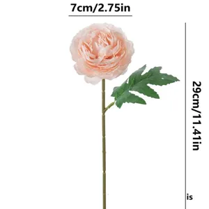 Vue détaillée de la tête de pivoine artificielle et de sa tige avec des dimensions claires.