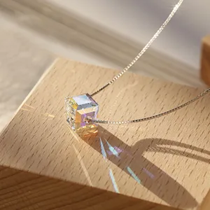 925 Sterling Silver Aurora Square Crystal Pendant Necklace For Women Luxury Fashion Clavicle Chain Jewelry Gift