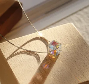 S925 silver aurora cube crystal pendant necklace for women dainty clavicle chain jewelry