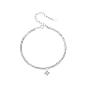 S925 sterling silver double layer bracelet detail view with sparkling pendant chain