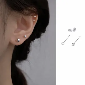 S999 Sterling Silver Ball Stud Earrings Minimalist Tiny Ear Piercing Jewelry Detail.