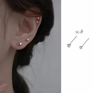 S999 Sterling Silver Ball Stud Earrings Minimalist Tiny Round Dot Piercing Jewelry Set