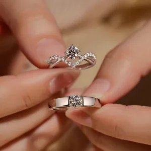 Anillos de Pareja Minimalistas de Plata 925 Franceses Ajustables Anillos de Alianza a Juego con Zirconia Corona para Enamorados Joyería de Boda Regalo