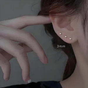 Minimalist S999 sterling silver ball stud earrings for daily wear, dainty inner ear piercing.