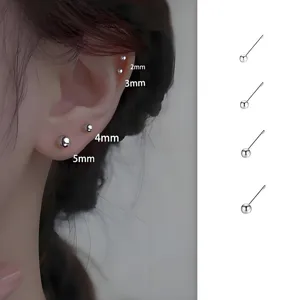 S999 Sterling Silver Ball Stud Earrings Minimalist Round Bead Ear Bone Piercing Jewelry For Women Daily Versatile Earrings