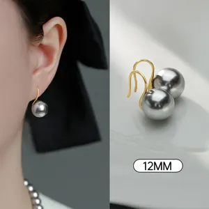 S925 sterling silver grey pearl hook earrings, French luxury elegant round pearl jewelry.