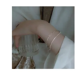 Pulsera de Doble Capa de Plata de Ley 925 Cadena Geométrica Joyería Brillante Mujer
