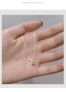 S925 sterling silver star twinkling olive green zircon necklace for women chic clavicle chain.