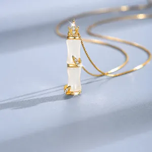 S925 Sterling Silver Bamboo Pendant Necklace White Chalcedony Rhinestone Clavicle Chain Light Luxury Fashion Jewelry Women