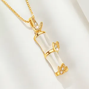 S925 sterling silver Chinese style bamboo necklace, luxury jade chalcedony pendant for women.