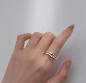 Anillo de corazón pavé de diamantes estilo francés en plata S925, anillo abierto apilable.