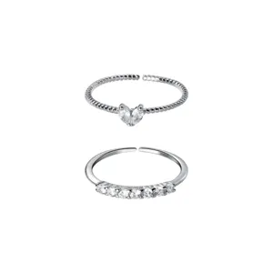 Conjunto de anillos apilables de corazon y circonita plateados, joyeria ajustable mujer