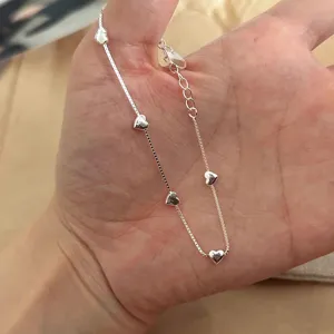 Pulsera de Corazón de Plata de Ley S925 para Mujer Minimalista Pulsera de Eslabones en Forma de Corazón Ajustable Joyería Pulida