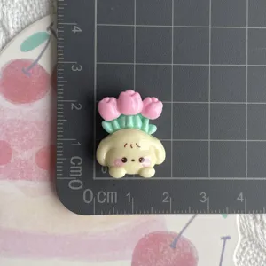 Cute resin cartoon puppy with pink tulips cabochon for DIY hairclip phone case material
