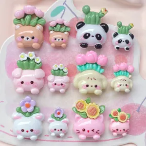 Large Cartoon Potted Animal Resin Charms For DIY Hairpin Phone Case Keychain Making Supplies Sunflower Tulip Cactus Resin Cabochons Flower Resin Crafts