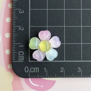 Fiore in resina glitterata con gradazione perlata accessorio DIY, vista dettagliata delle dimensioni.