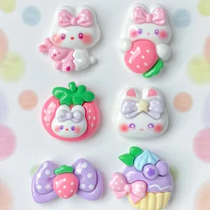 Cute glossy pastel resin bunny strawberry bow cupcake cabochons for DIY phone case crafts