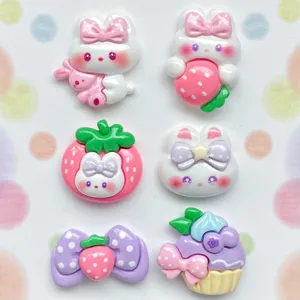 Cute resin cabochons detail, sweet rabbit strawberry bow charms for DIY craft making.