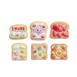 Cute resin toast shoe charms set with strawberry and egg designs for DIY craft accessories.
